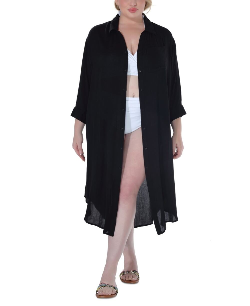 Raviya Plus Size Button-Down Midi Cover-Up Dress Black Size 2X 4051